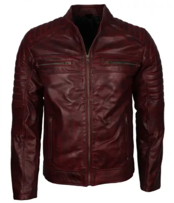 Maroon Waxed Vintage Leather Biker Jacket Men’s First Choice