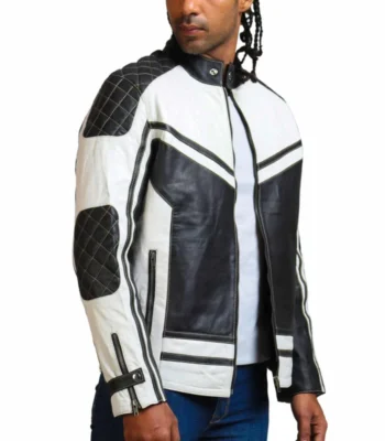 Men White and Black Quilted Leather Jacket sidee post