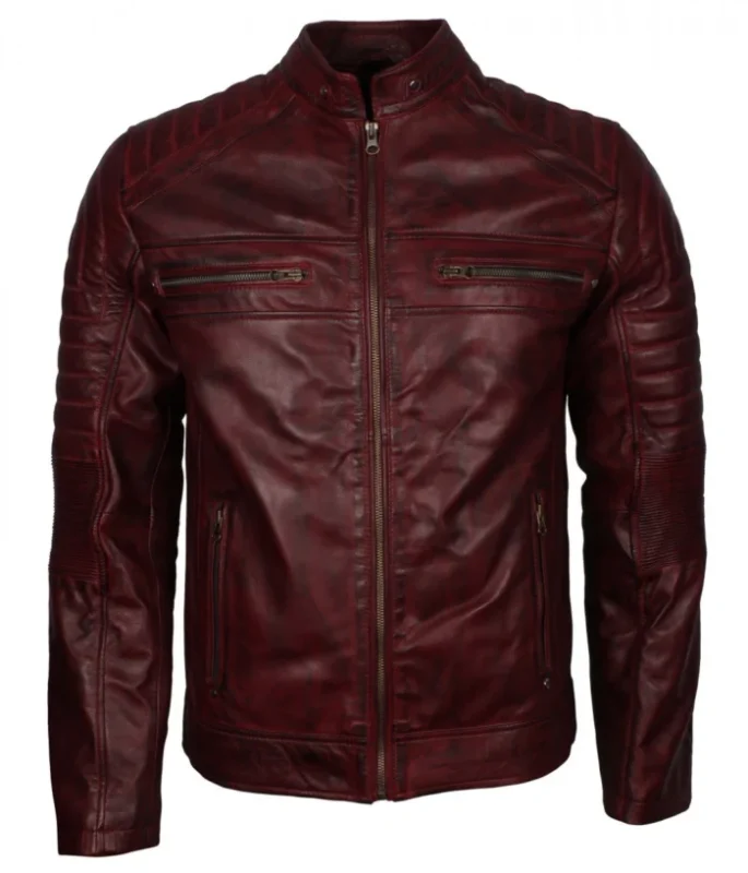 Mens-Cafe-Racer-Maroon-Waxed-Vintage-Biker-Leather-Jacket-