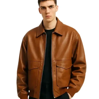 Men’s Oversized Front Pockets Brown Leather Bomber Jacket