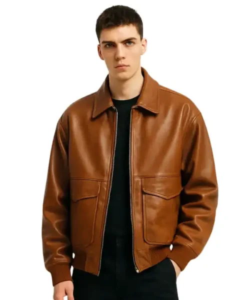 Men’s Oversized Front Pockets Brown Leather Bomber Jacket