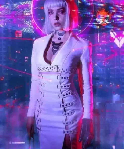 Neon Girl Cyber Punk 2077 White Leather Coat