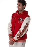San Francisco 49ers The Wild Collective Red & White Hooded Varsity Jacket