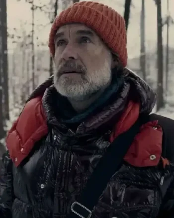Shop Brian TV Series Nine Perfect Strangers 2025 Murray Bartlett Maroon Puffer Hooded Jacket Sale