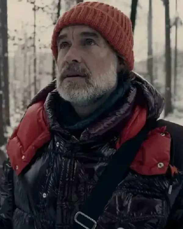 Shop Brian TV Series Nine Perfect Strangers 2025 Murray Bartlett Maroon Puffer Hooded Jacket Sale