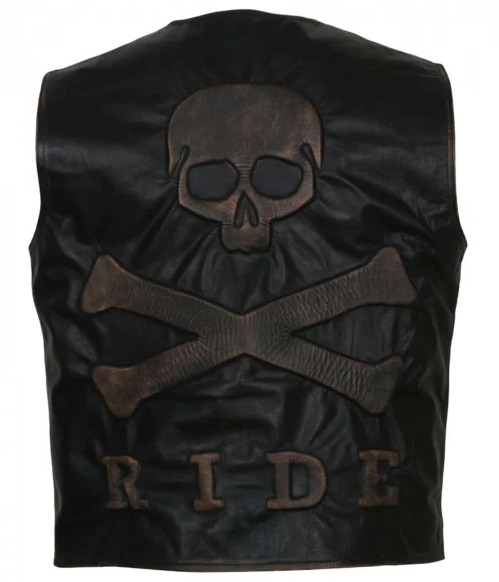 Skull Embossed Black Biker Leather Vest - Image 2