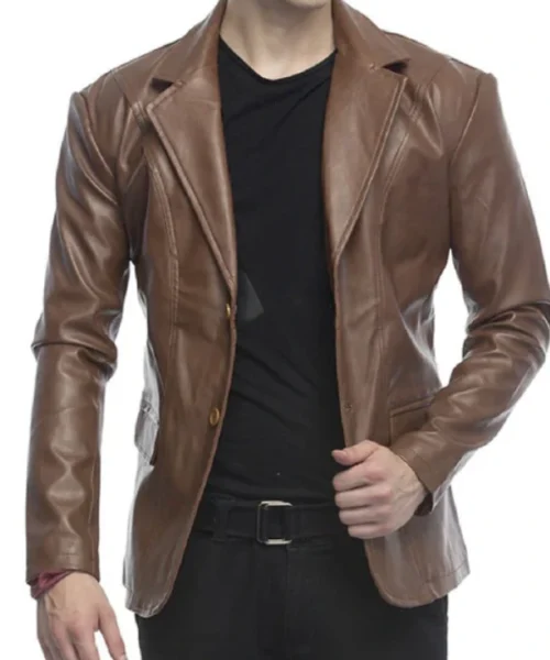 2 Button Lambskin Leather Blazer Men, Brown