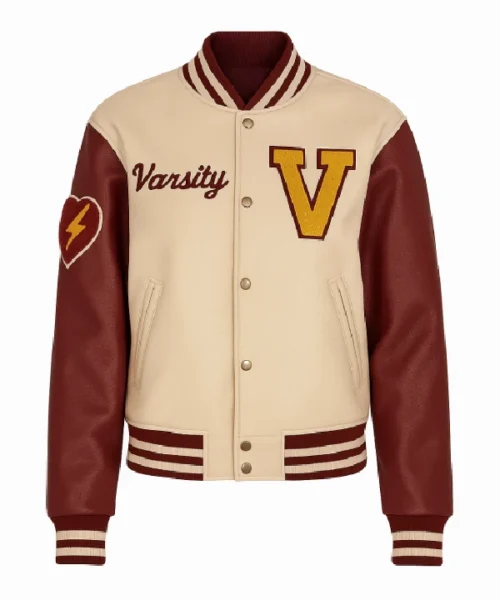 Beige ‘V’ Patch Wool Varsity Leather Jacket