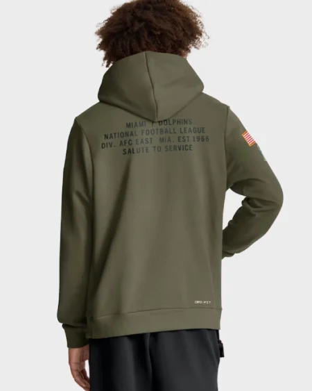 Buy Miami Dolphins Nike Olive 2025 Salute to Service Sideline Standard Issue Dri-FIT Hoodie