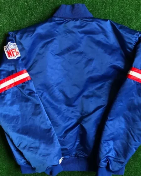 Buy Now New York Giants Starter Bomber Satin Blue and White Jacket Sale Blue Back
