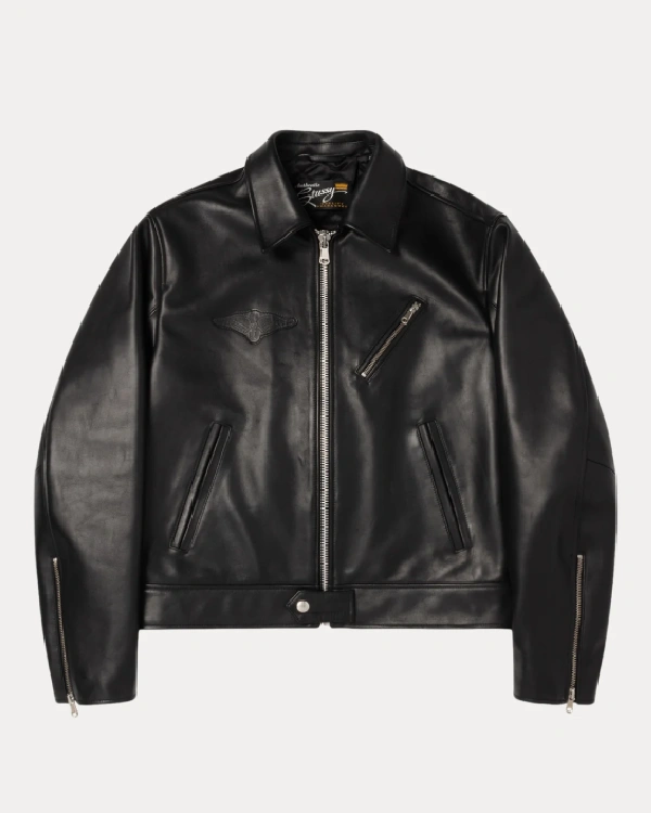 Buy Stussy Black Leather Classic Biker Jacket Sale
