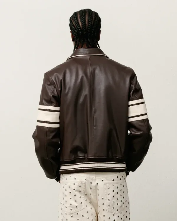 Buy Stussy Wales Bonner Brown Leather Varsity Bomber Jacket Sale Back