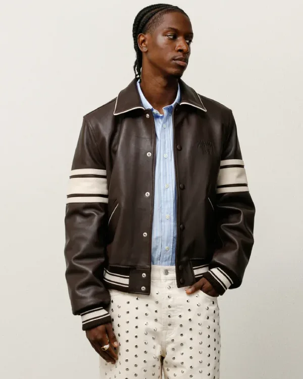 Buy Stussy Wales Bonner Brown Leather Varsity Bomber Jacket