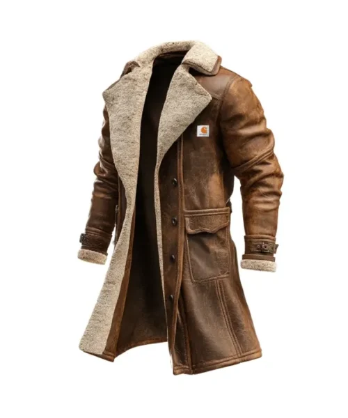 Carhartt Men's Vintage Brown Suede Leather Coat With Faux Fur Lining