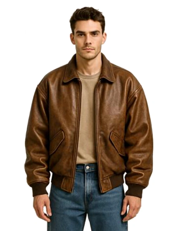 Classic Brown Leather Bomber Jacket for Men