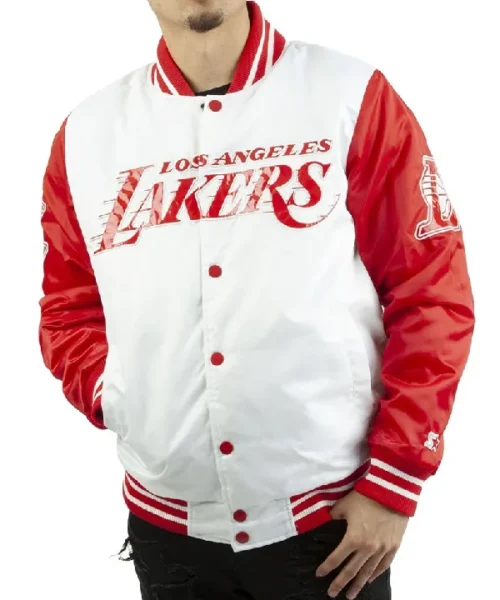LA Lakers White and Red Satin Jacket