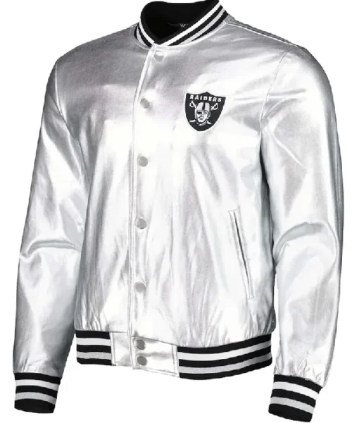 Las Vegas Raiders The Wild Collective Silver Metallic Leather Jacket