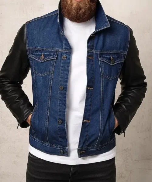 Men’s Denim Jacket with Leather Sleeves