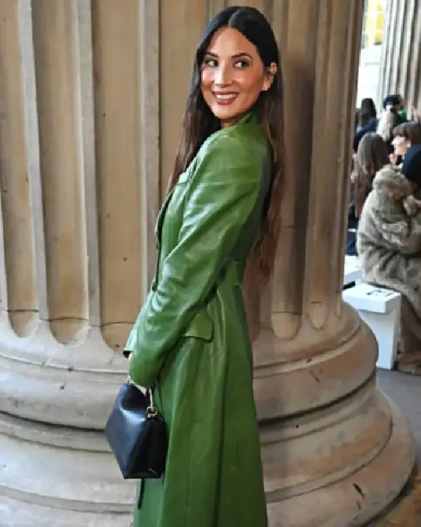 Olivia Munn 2025 LFW Erdem Show Green Long Trench Coat Side post