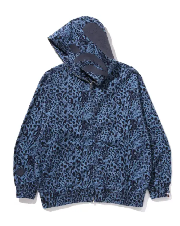 Order Bape Wild Leopard Pattern Shark Relaxed Fit Full Blue ZiP Hoodie Sale