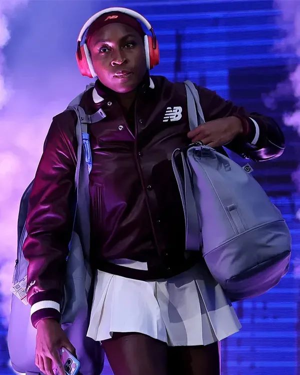 Shop 2025 The US Open Tennis Player Coco Gauff Brown Leather Bomber Varsity Jacket For Sale
