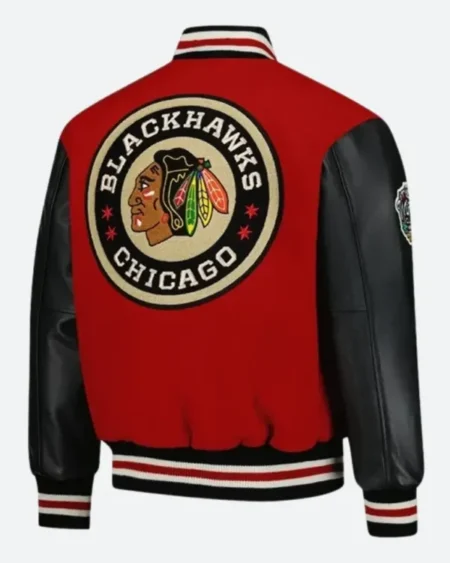 Shop Chicago Blackhawks 2025 Coaches Red & Black Letterman Varsity Jacket Sale Back