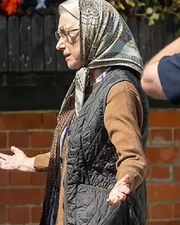 Shop Elizabeth Movie The Thursday Murder Club 2025 Helen Mirren Black Vest For Sale Side post