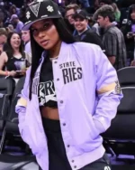 Shop Jordan Chiles Golden State Valkyries v Dallas Wings Purple Varsity Jacket sale
