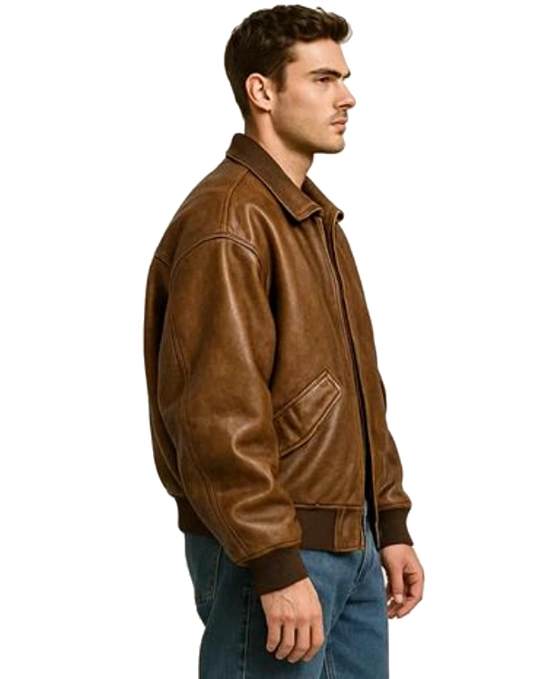 Shop Mens Classic Brown Oversized Leather Bomber Jacket Sale Side post