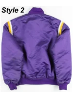 Shop Starter Los Angeles Lakers Purple Bomber Satin Jacket Sale Style 02 Back