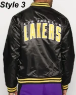 Shop Starter Los Angeles Lakers Purple Bomber Satin Jacket Sale Style 03 Back
