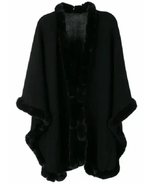 Order Womens Black Cashmere Rex Fur Trimmed Soft Luxurious Winter Cape Coat Sale