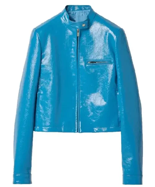 Alix Earle PFW 2025 Blue Leather Jacket