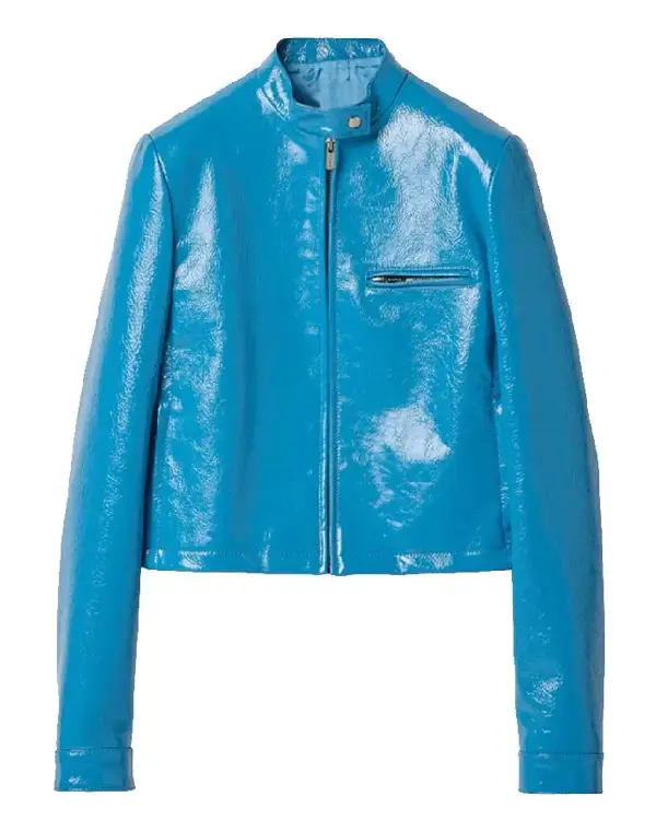 Alix Earle PFW 2025 Blue Leather Jacket