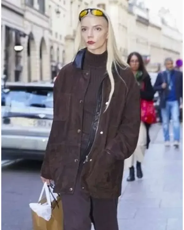 Anya Taylor-Joy PFW Brown Suede Leather Jacket