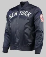 Buy Aaron Tveit New York Yankees Starter Blue Satin Varsity Jacket front
