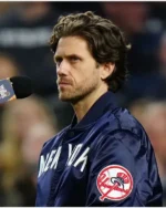Buy Aaron Tveit New York Yankees Starter Blue Satin Varsity Jacket sale