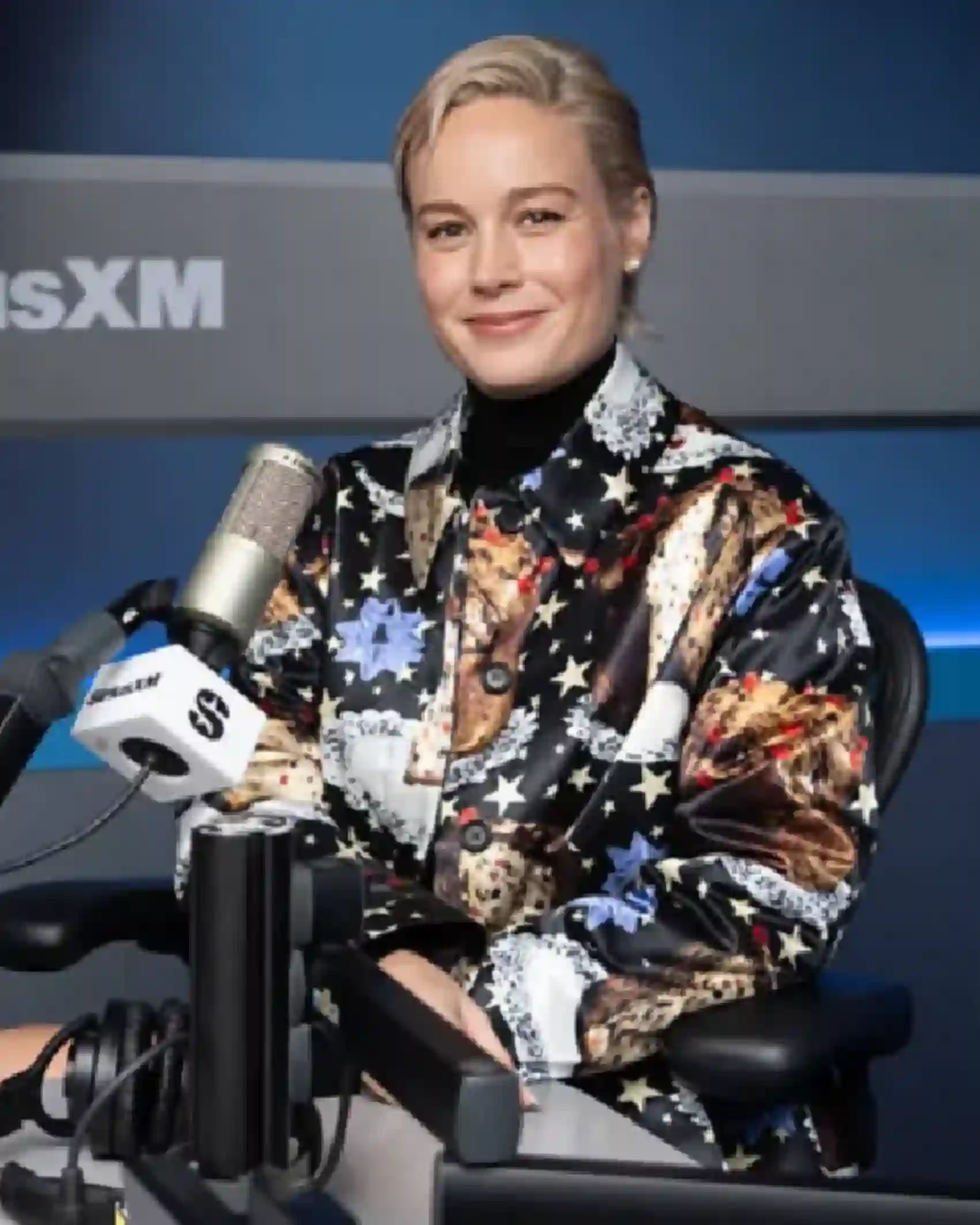 Buy Brie Larson SiriusXM Studios 2025 Printed Long Coat Sale