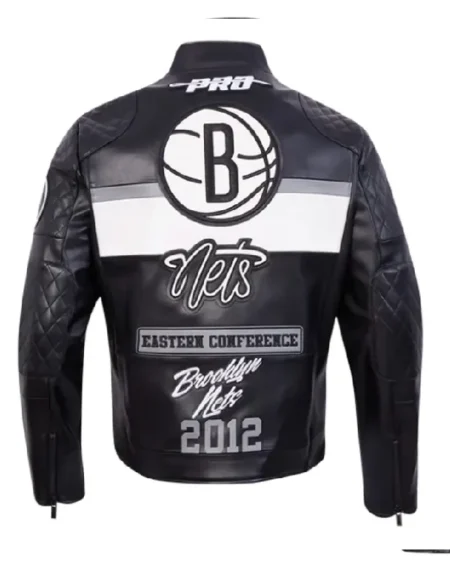 Buy Brooklyn Nets Moto Black Full-Zip Leather Jacket Sale Back