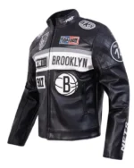 Buy Brooklyn Nets Moto Black Full-Zip Leather Jacket Sale Side post