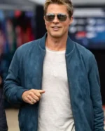 Buy F1 2025 Brad Pitt Slate Blue Suede Bomber Jacket with Ribbed Trim and Zip Front