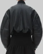 Buy Gigi Hadid Leather Bomber Black Jacket Sale back