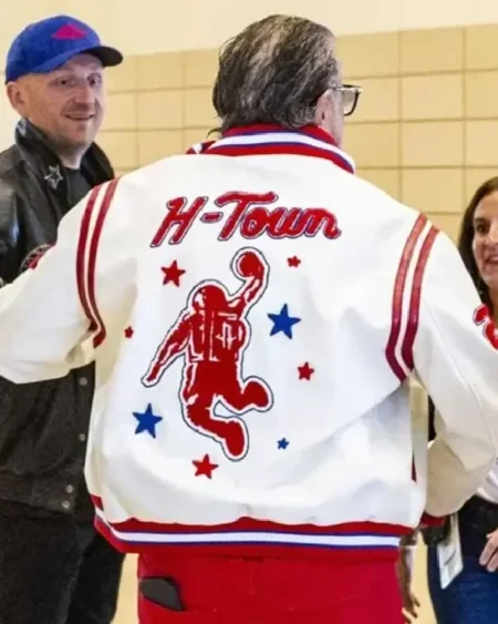 Buy Houston Rockets White, Red And Black Leather Bomber Full Snap Jacket Sale Style 01 Back