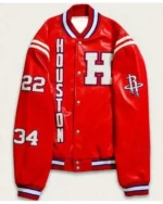 Buy Houston Rockets White, Red And Black Leather Bomber Full Snap Jacket Sale Style 2