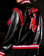 Buy Houston Rockets White, Red And Black Leather Bomber Full Snap Jacket Sale Style 3 Back