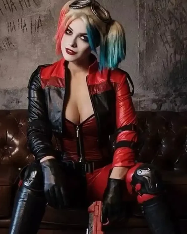 Buy Injustice 2 Harley Quinn Red and Black Leather Jacket Sale