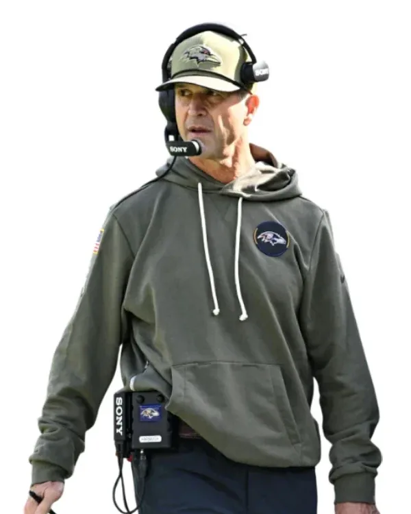 Buy John Harbaugh Baltimore Ravens Nike 2025 Salute to Service Sideline Standard Issue Dri-FIT Hoodie Sale