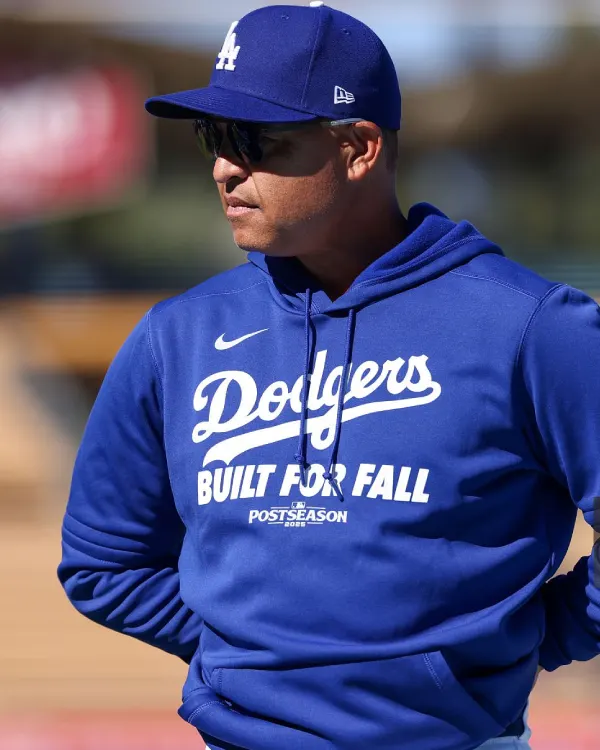 Buy Los Angeles Dodgers 2025 Postseason Authentic Collection Men’s Nike Therma MLB Pullover Hoodie Blue For Sale