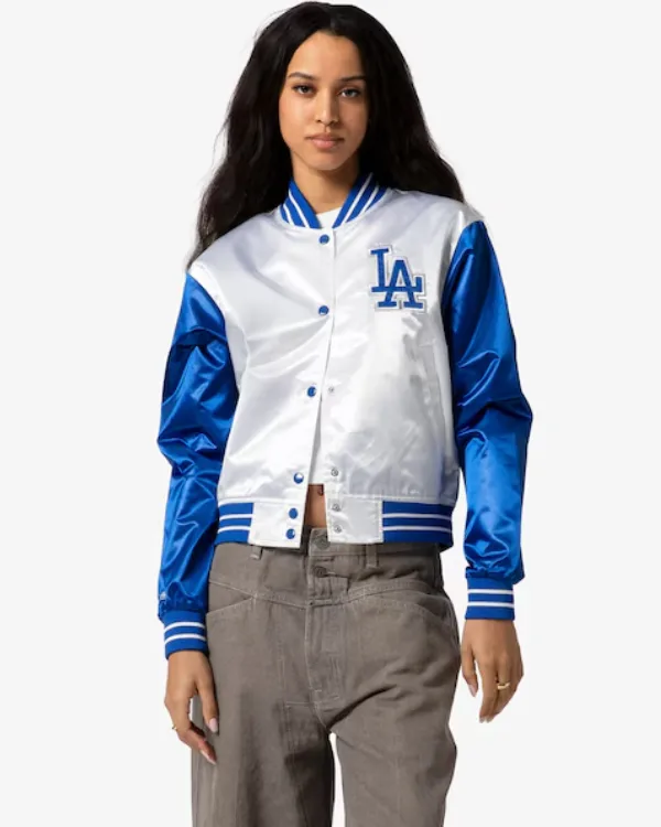 Buy Mitchell and Ness Women’s White Los Angeles Dodgers Cropped Satin Full-Snap Jacket For Sale