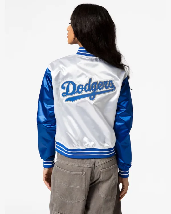 Buy Mitchell and Ness Women’s White Los Angeles Dodgers Cropped Satin Full-Snap Jacket Sale Back